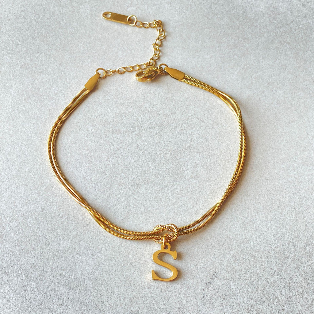 Gold Love Knot Initial bracelet, Elegant Stainless steel chain jewelry