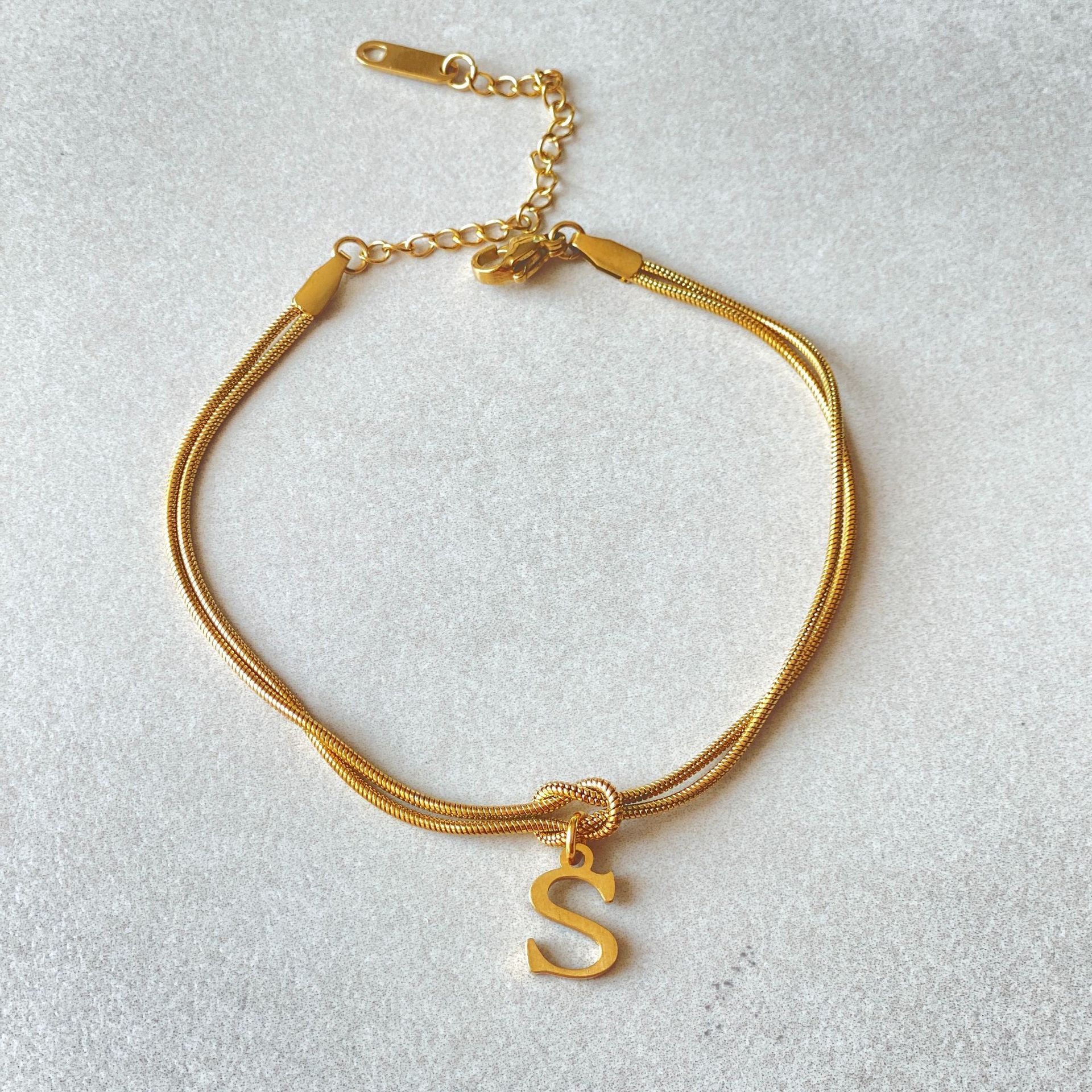 Gold Love Knot Initial bracelet, Elegant Stainless steel chain jewelry