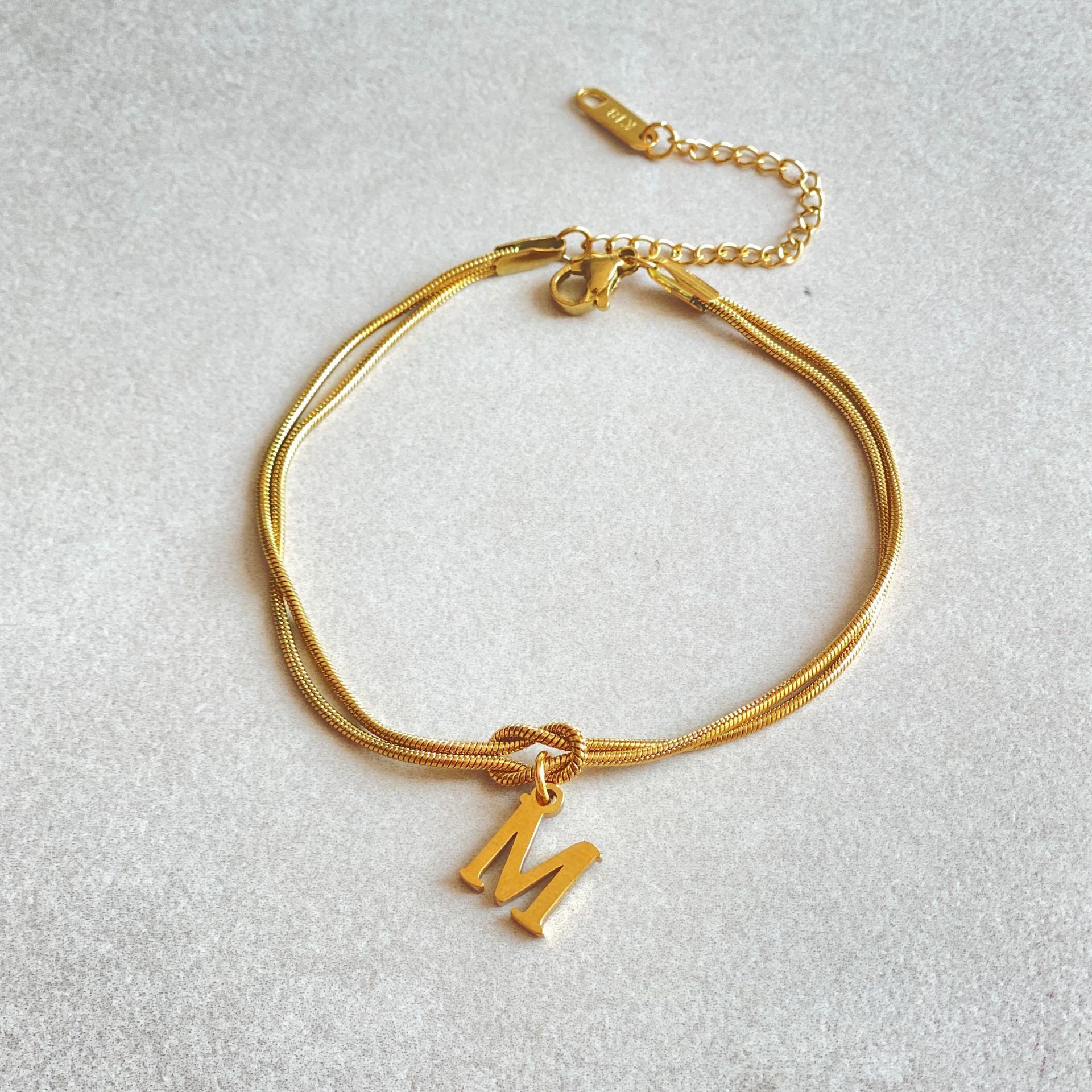 Gold Love Knot Initial bracelet, Elegant Stainless steel chain jewelry