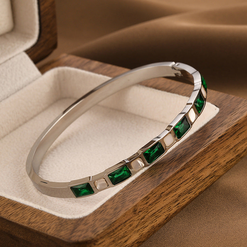 Emerald Diamond White Shell Titanium Steel Bracelet For Women