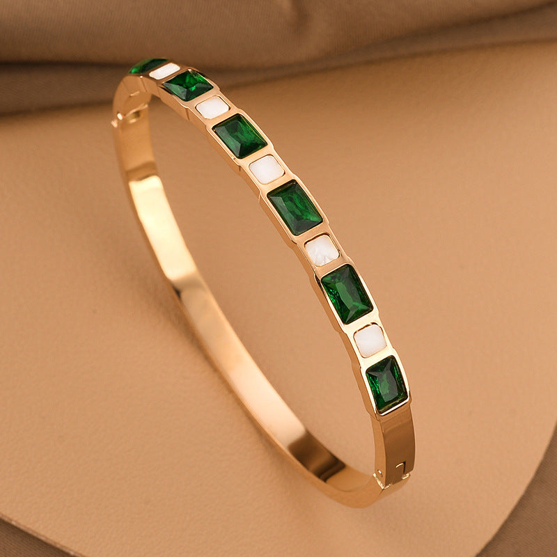 Emerald Diamond White Shell Titanium Steel Bracelet For Women