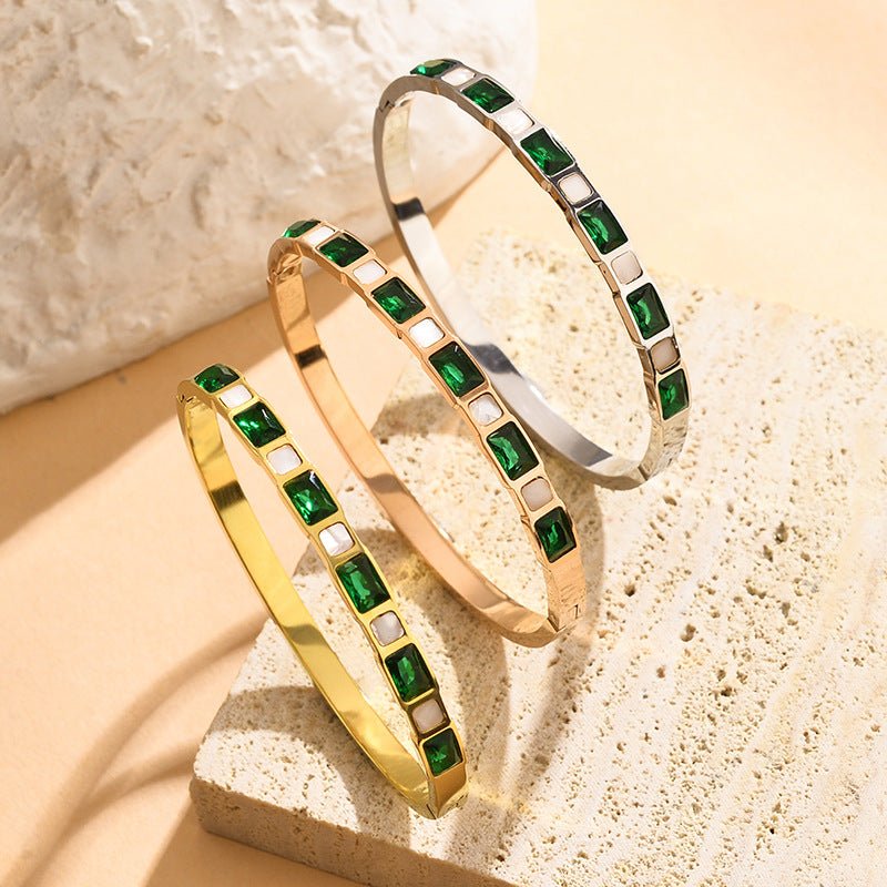 Emerald Diamond White Shell Titanium Steel Bracelet For Women